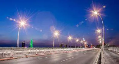 Road lit by LED street lights at night